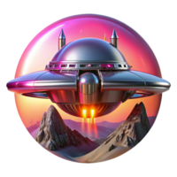extraordinary artistic A sleek, chrome spaceship, adorned with intricate neon circuitry, descends towards a desolate, alien planet, crimson sunset lighting, cyberpunk style exclusive png