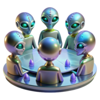 impressive creative A group of alien diplomats, with iridescent scales and multifaceted eyes, gathered around a holographic table, soft ambient lighting, realistic style authentic png