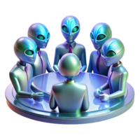 impressive abstract A group of alien diplomats, with iridescent scales and multifaceted eyes, gathered around a holographic table, soft ambient lighting, realistic style authentic png