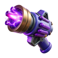 magnificent vintage A powerful energy weapon, crackling with purple plasma, held by a robotic hand, harsh spotlight lighting, gritty style genuine png