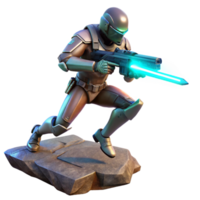 dramatic minimalist A futuristic soldier, armed with a laser rifle, leaping across a chasm, dramatic backlighting, cinematic style exclusive png