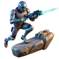 extraordinary rustic A futuristic soldier, armed with a laser rifle, leaping across a chasm, dramatic backlighting, cinematic style exclusive png