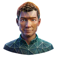 impressive creative Portrait of a man with a face composed of fragmented geometric shapes, lit by neon grid lines, cubist style 4K png