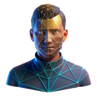 serene artistic Portrait of a man with a face composed of fragmented geometric shapes, lit by neon grid lines, cubist style high resolution png