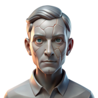 wonderful minimalist Portrait of a man with a face cracked like porcelain, lit by a single, harsh light, surrealist style professional png