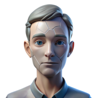 dramatic creative Portrait of a man with a face cracked like porcelain, lit by a single, harsh light, surrealist style high resolution png