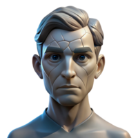 serene artistic Portrait of a man with a face cracked like porcelain, lit by a single, harsh light, surrealist style high resolution png