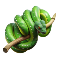 vibrant traditional A slithering green tree python wrapped around a branch, dappled jungle light, hyperrealistic style genuine png