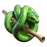 vibrant classic A slithering green tree python wrapped around a branch, dappled jungle light, hyperrealistic style original png