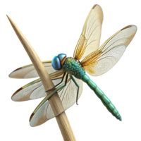 dramatic rustic A close-up of a dragonfly perched on a reed, macro photography, natural light authentic png