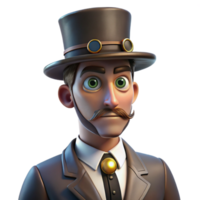serene vintage Portrait of a man with a stern expression, wearing a monocle and a top hat, lit by a dramatic spotlight, in a steampunk style high quality png