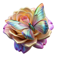 elegant classic A delicate butterfly with iridescent wings resting on a blooming rose, bathed in the soft, diffused light of a spring morning, in a vibrant, art nouveau style high quality png