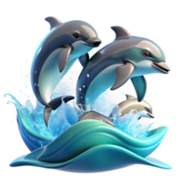 impressive rustic A group of playful dolphins leaping out of the ocean waves, illuminated by bright, midday sunlight, in a dynamic, photorealistic style detailed png