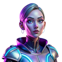magnificent modern Portrait of a woman with vibrant makeup, wearing a futuristic metallic outfit, lit by neon lights, in a sci-fi style high resolution png