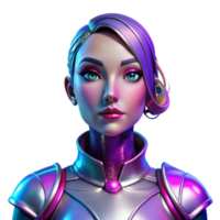 extraordinary minimalist Portrait of a woman with vibrant makeup, wearing a futuristic metallic outfit, lit by neon lights, in a sci-fi style high resolution png