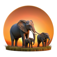 stunning rustic A family of elephants walking across the savanna, silhouetted against a vibrant sunset, rendered in a majestic, realistic style high quality png