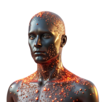 serene rustic A fragmented, deconstructed human form, composed of glowing particles, illuminated by a dramatic, chiaroscuro lighting, in a surrealist style high quality png
