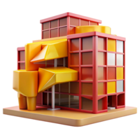 magnificent rustic Deconstructivist office building, fragmented forms, vibrant red and yellow color scheme, midday lighting, digital art style high quality png