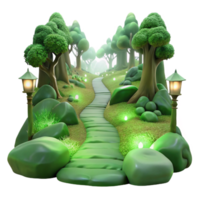 elegante artístico un sereno bosque camino cubierto en musgo, suave verde luz, etéreo estilo, pacífico atmósfera alto resolución png