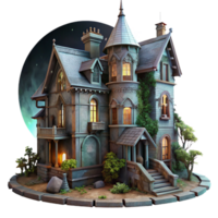 wonderful modern A dilapidated Victorian mansion with broken windows and overgrown ivy, lit by the eerie glow of the moon, in a gothic, horror style professional png