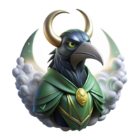 stunning vintage A cunning Loki transforming into a raven, surrounded by swirling mists, illuminated by a sliver of moonlight, in the style of Norse mythology art authentic png