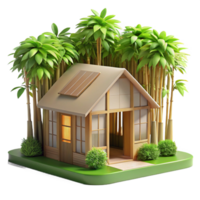 wonderful rustic A sustainable eco-house built of bamboo and recycled materials, bathed in the sunlight filtering through leafy trees, in a realistic, environmentally conscious style authentic png