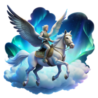 magnificent rustic A radiant Valkyrie riding a winged horse through the clouds, illuminated by the aurora borealis, in the style of fantasy art exclusive png