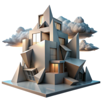 stunning abstract A decontructivist building with fragmented shapes and distorted angles, lit by the stark light of a cloudy sky, in an abstract, architectural style detailed png