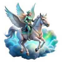 wonderful traditional A radiant Valkyrie riding a winged horse through the clouds, illuminated by the aurora borealis, in the style of fantasy art high resolution png