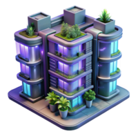 serene artistic A futuristic apartment complex with modular units and vertical gardens, illuminated by the neon glow of the city, in a cyberpunk, dystopian style high resolution png