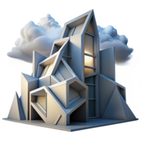 elegant creative A decontructivist building with fragmented shapes and distorted angles, lit by the stark light of a cloudy sky, in an abstract, architectural style high resolution png