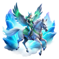 serene contemporary A radiant Valkyrie riding a winged horse through the clouds, illuminated by the aurora borealis, in the style of fantasy art detailed png