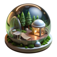 serene abstract An inflatable, transparent bubble house suspended in a forest canopy, illuminated by the dappled sunlight and glowing internal lights, in a futuristic, eco-friendly style exclusive png