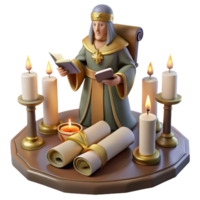 dramatic artistic A wise oracle consulting the runes, surrounded by ancient scrolls and flickering candles, in the style of medieval art authentic png