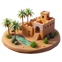 serene rustic A desert oasis with a traditional mud-brick village and lush palm trees, illuminated by the harsh sunlight, in a realistic, travel photography style premium png
