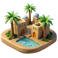 stunning contemporary A desert oasis with a traditional mud-brick village and lush palm trees, illuminated by the harsh sunlight, in a realistic, travel photography style high resolution png