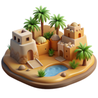 serene contemporary A desert oasis with a traditional mud-brick village and lush palm trees, illuminated by the harsh sunlight, in a realistic, travel photography style exclusive png