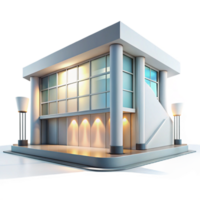 dramatic classic A modern art museum with sleek white walls and large glass windows, illuminated by the bright sunlight and spotlights, in a minimalist, architectural style professional png