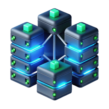 magnífico vintage uma rede do interligado servidores, brilhando com azul e verde luzes, dados córregos fluindo entre eles, rendido dentro uma escuro, cyberpunk estilo Alto resolução png