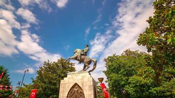 Monument of Ataturk with motion of the clouds in timelapse footage. 19 mayis or may 19 commemoration of Ataturk concept . video