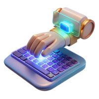 impressionante minimalista uma holográfico teclado projetando a partir de uma relógio inteligente, do utilizador digitando em a virtual chaves, iluminado de a holográfico projeção luz, vestível tecnologia Projeto estilo Prêmio png