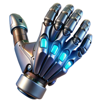 sereno minimalista un' bionico mano Avvincente un' futuristico attrezzo, lucidato metallico finire, illuminato di un' laboratorio luce, cyberpunk personaggio design stile originale png