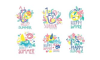 Hello Happy Summer Original Design Labels Collection, Colorful Hand Drawn Templates Illustration vector