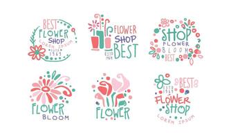 Best Flower Shop Retro Labels Collection, Colorful Hand Drawn Badges Illustration vector