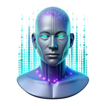 geweldig creatief een holografische projectie van een menselijk gezicht flikkeren in de lucht, omringd door binair code. haperend, vervormd verlichting. cyberpunk stijl 4k png