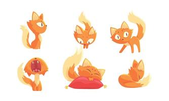 Cute Red and Ginger Cartoon Cat Character Expressing Different Emotions Set vector
