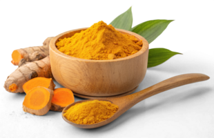 Fresh Turmeric Root and Ground Turmeric in Wooden Bowl - Perfect for Health and Cooking Projects png