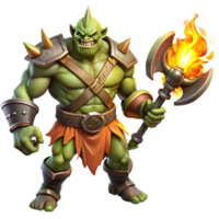 Maravilhoso rústico uma poderoso, muscular orc Guerreiro empunhando uma flamejante machado de batalha. dramático, fogosa iluminação. Sombrio fantasia estilo autêntico png