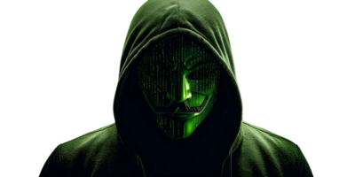 Anonymous hacker wearing green mask and hoodie in dark background for cyber security and digital privacy png