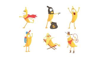 Cartoon Banana Character Doing Various Things Set vector